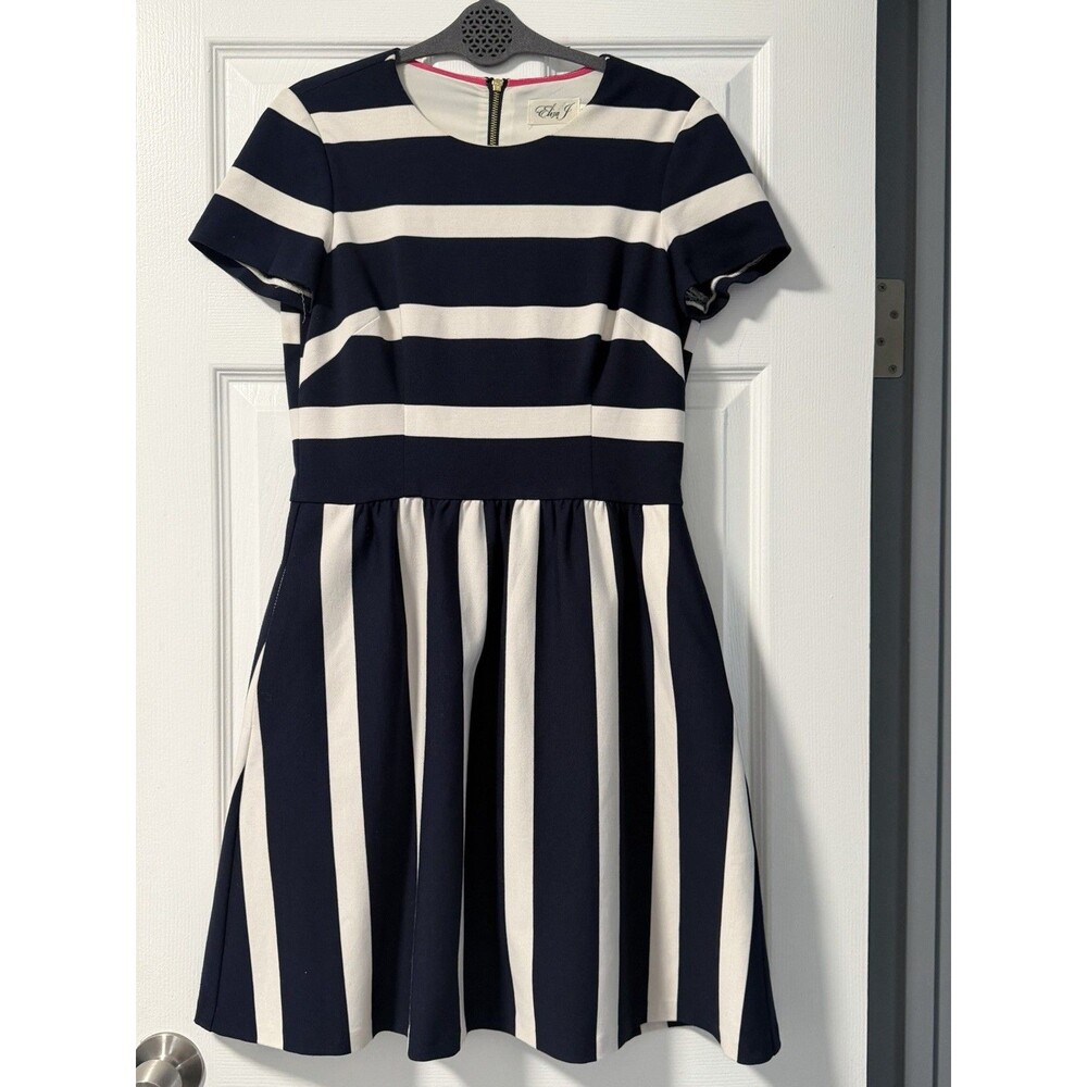 Eliza J Navy Ivory Striped Fit & Flare Dress Gold Zip Pockets Size 8
